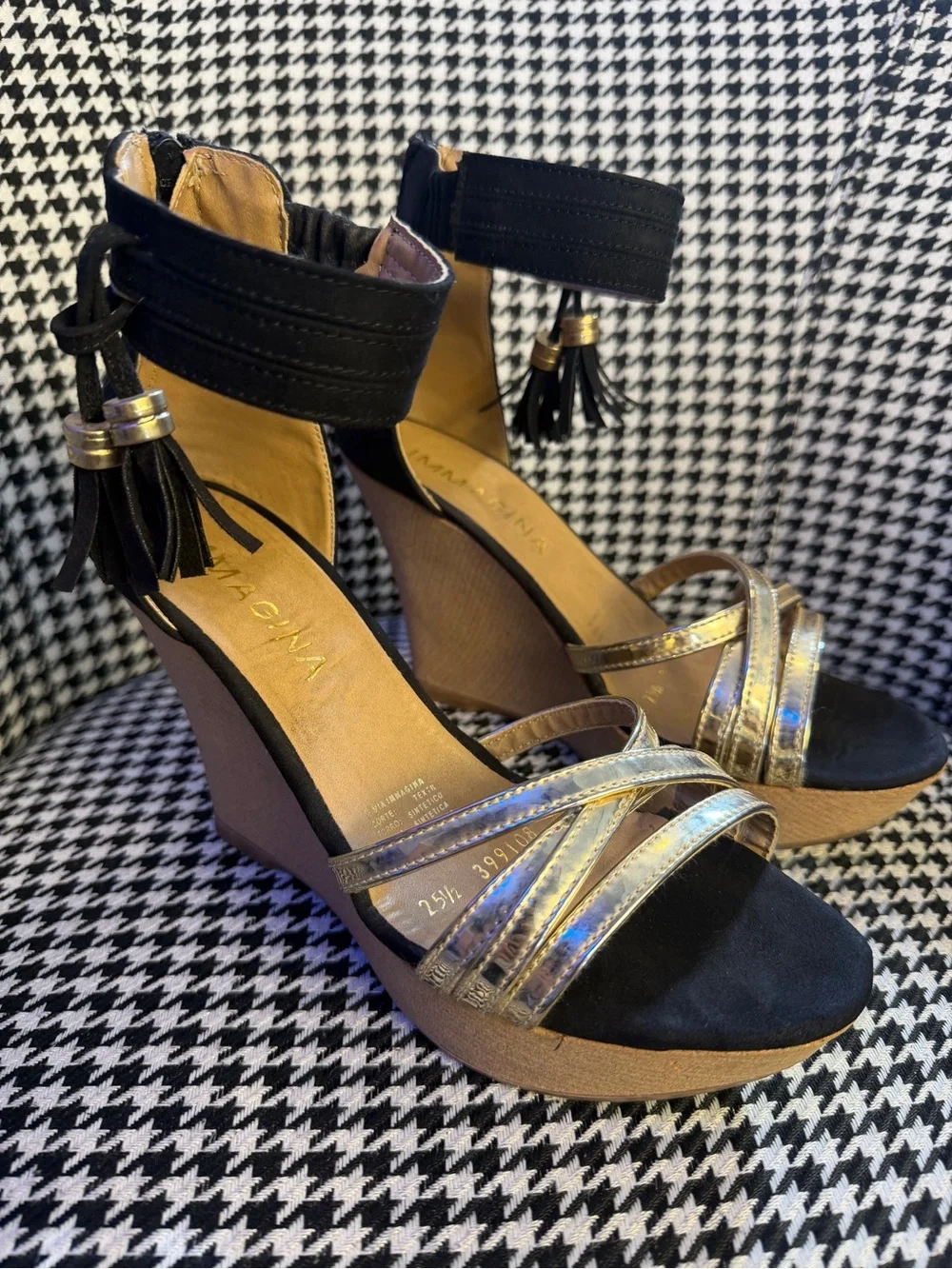 Black and Gold Wedge Sandals with Ankle Tassel